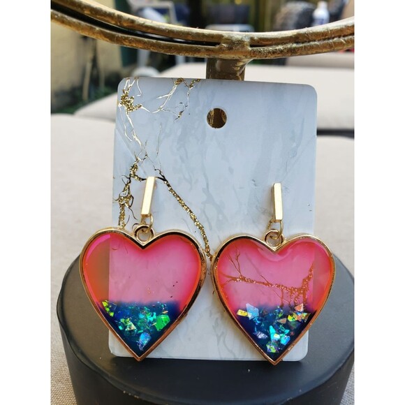 Gold colored Art Handmade Resin Glitter Heart Earrings Tones Verdes Jewelry - Picture 2 of 5